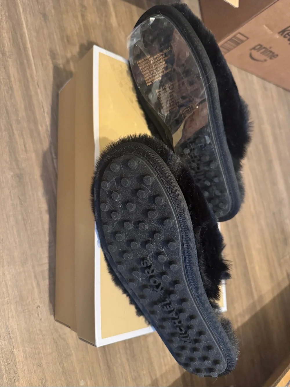 Michael Kors Black Faux-Fur Slip-On Slippers Ada Charm